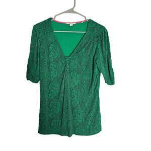 Boden Womens 10 Green Abstract Print Ruched Tie Front Top Boho Casual Blouse